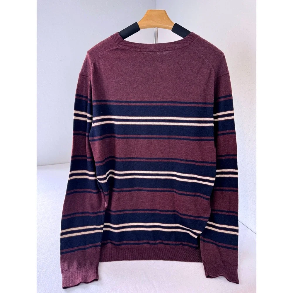 Banana Republic Men's Large Striped Crew Neck Sweater Burgundy Navy Cotton Blend